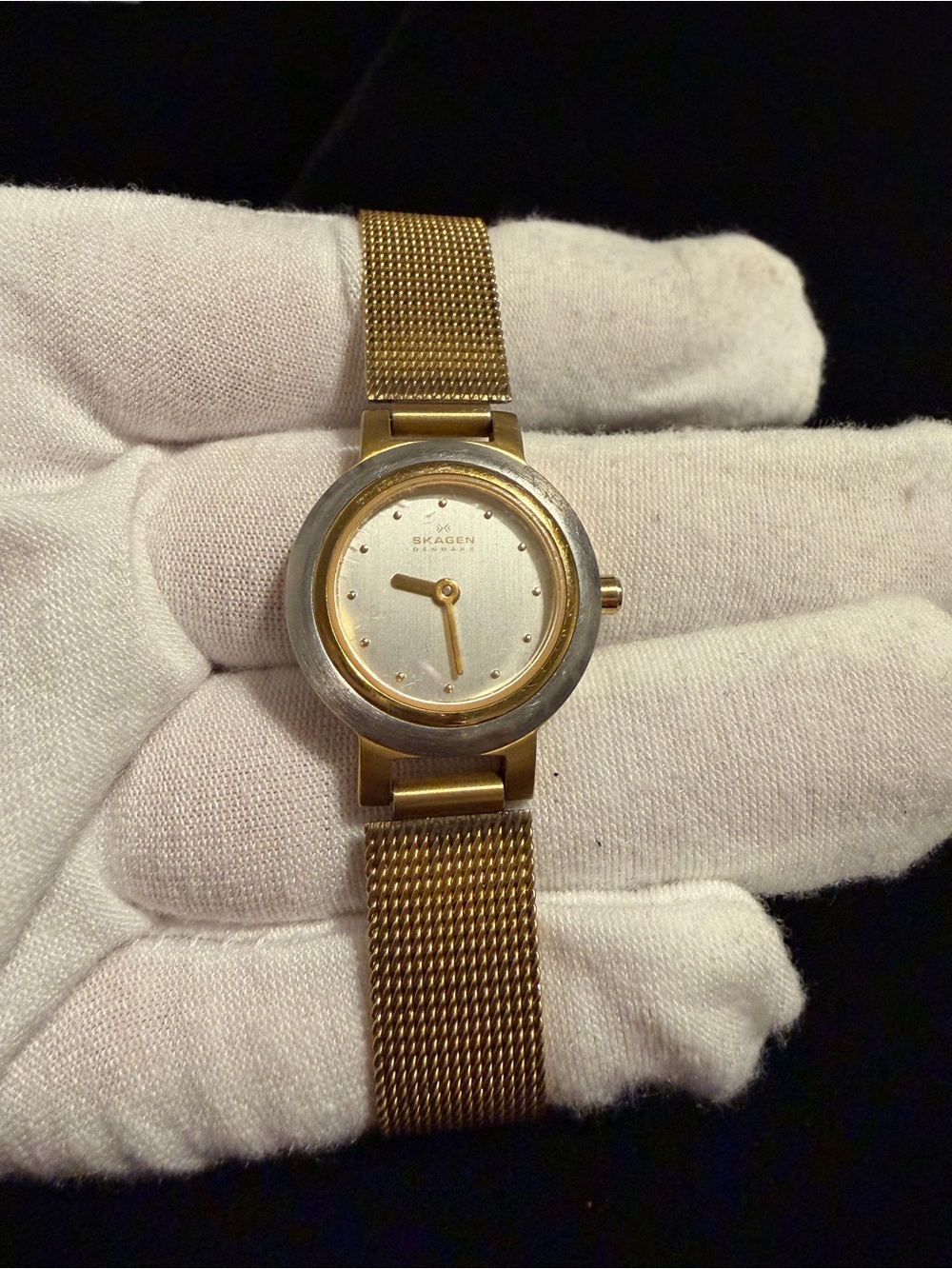 Vintage Skagen Gold Mesh Bracelet Watch with Silver Dial